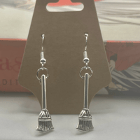 Image 3 of Witch's Broom Earrings | Old Silver Hypoallergenic Halloween Earrings | Year-Round Mystical Jewelry