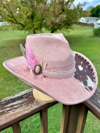Image 1 of "And Everything Nice" Burned Cow Print Cowboy Hat, Dusty Pink Suede Hat, Cowhide Whipstitched Hat