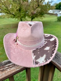 Image 2 of "And Everything Nice" Burned Cow Print Cowboy Hat, Dusty Pink Suede Hat, Cowhide Whipstitched Hat