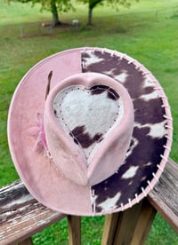 Image 3 of "And Everything Nice" Burned Cow Print Cowboy Hat, Dusty Pink Suede Hat, Cowhide Whipstitched Hat