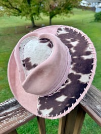 Image 5 of "And Everything Nice" Burned Cow Print Cowboy Hat, Dusty Pink Suede Hat, Cowhide Whipstitched Hat