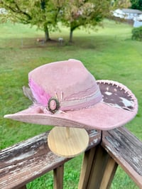 Image 6 of "And Everything Nice" Burned Cow Print Cowboy Hat, Dusty Pink Suede Hat, Cowhide Whipstitched Hat