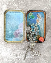 Image 1 of Handmade Catholic Travel Shrine Our Lady of Lourdes Pocket Altar Tin Nicho Rosary Box and Rosary