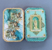Image 4 of Handmade Catholic Travel Shrine Our Lady of Victory Pocket Altar Tin Nicho Rosary Box and Rosary