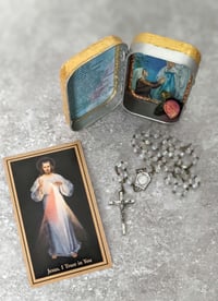 Image 5 of Handmade Catholic Travel Shrine Our Lady of Lourdes Pocket Altar Tin Nicho Rosary Box and Rosary