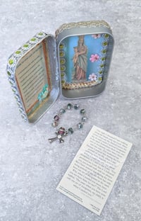 Image 5 of Handmade Catholic Travel Shrine Our Lady of Victory Pocket Altar Tin Nicho Rosary Box and Rosary