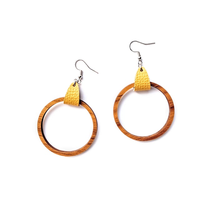 Mustard Leather + Wood Hoops