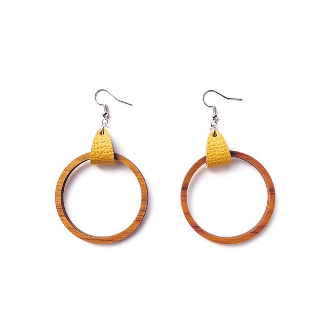 Mustard Leather + Wood Hoops