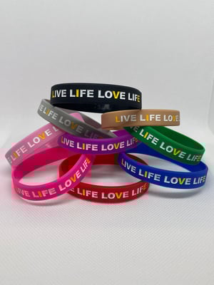 Image of 1 LIVE LIFE LOVE LIFE ADULT 2 COLOR DOUBLE SIDED LOGO PRINT WRIST BAND