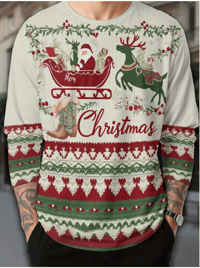 Men's Christmas Santa Claus & Reindeer Sleigh Print Long Sleeve T-Shirt