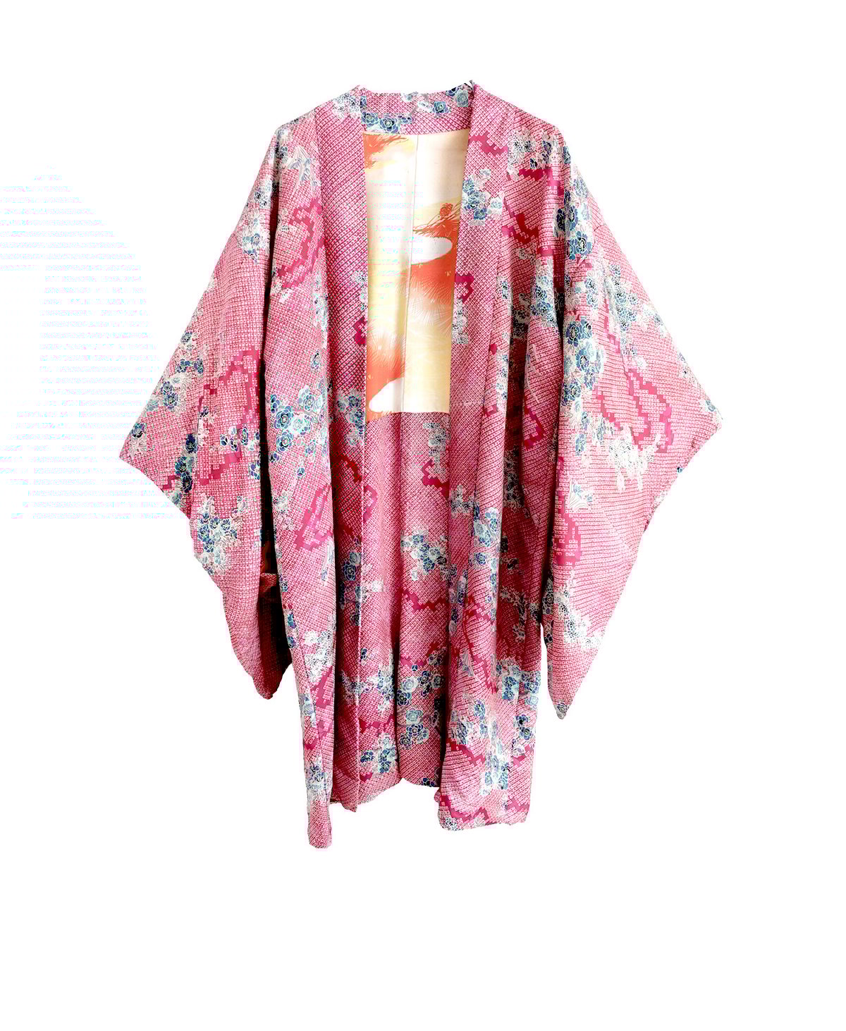 Image of Kort kimono dame af bourgonerød silke m. blommeblomster