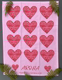 Image 1 of Aroha  (red heart & pink) - Tea towel 