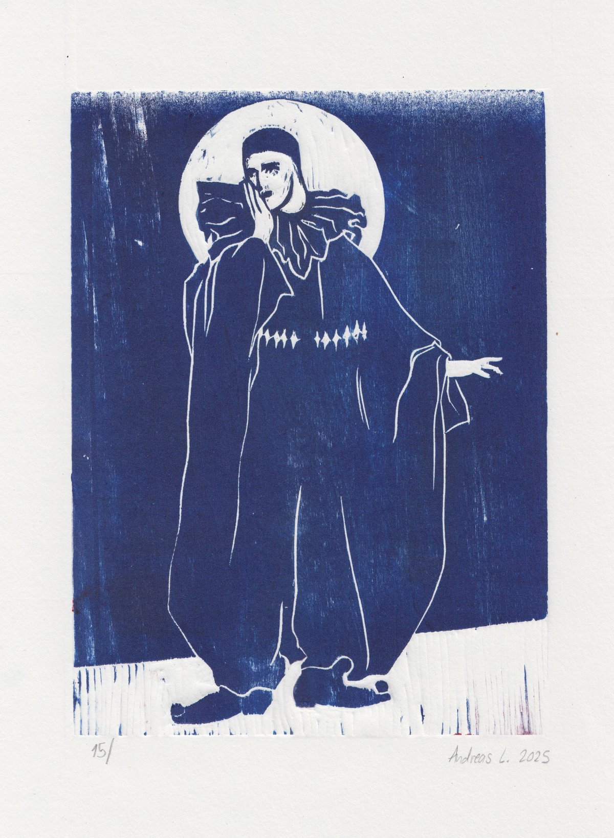 Image of Pierrot cries at the state of the world (and he is trans) - woodcut