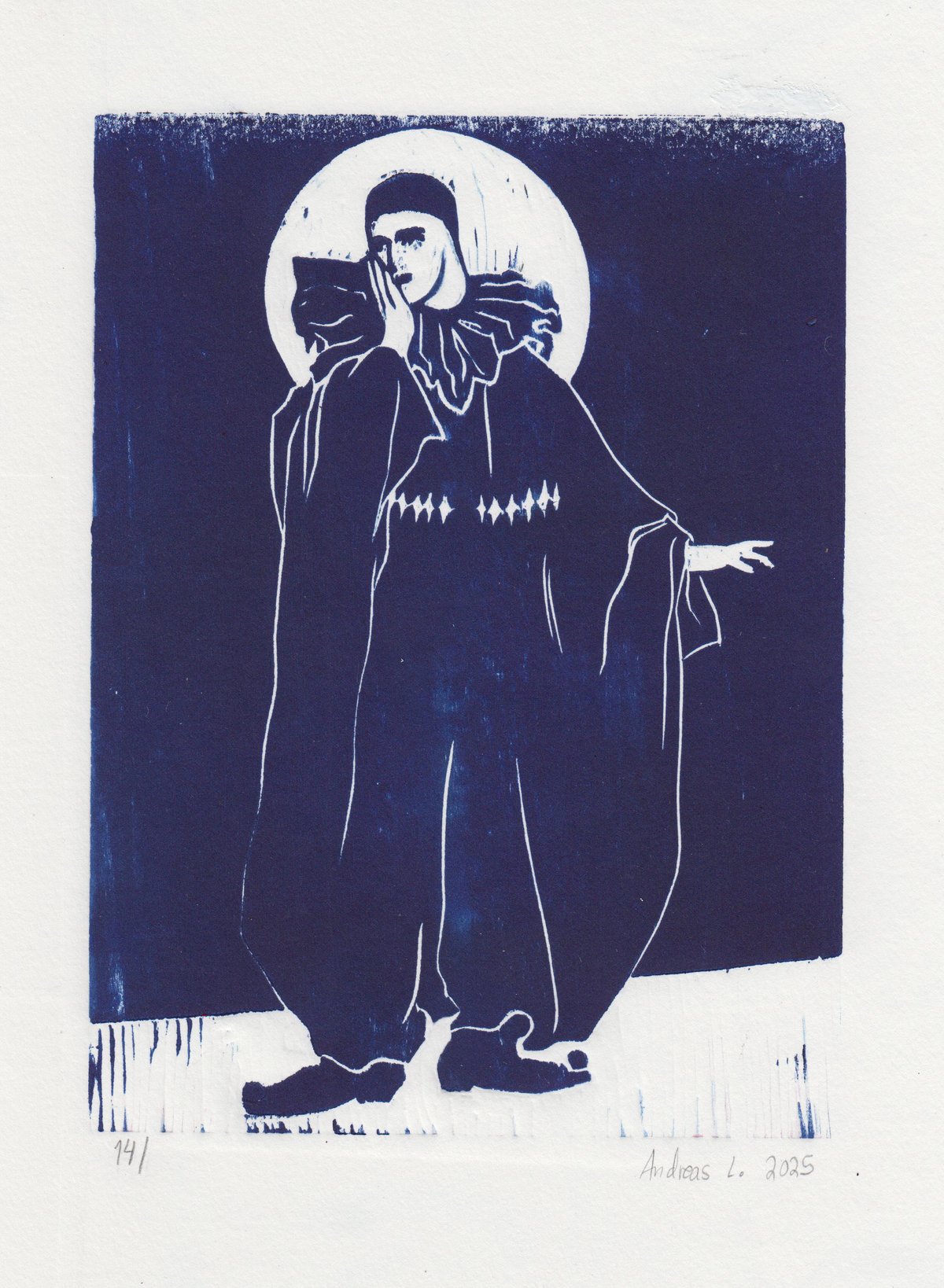 Image of Pierrot cries at the state of the world (and he is trans) - woodcut