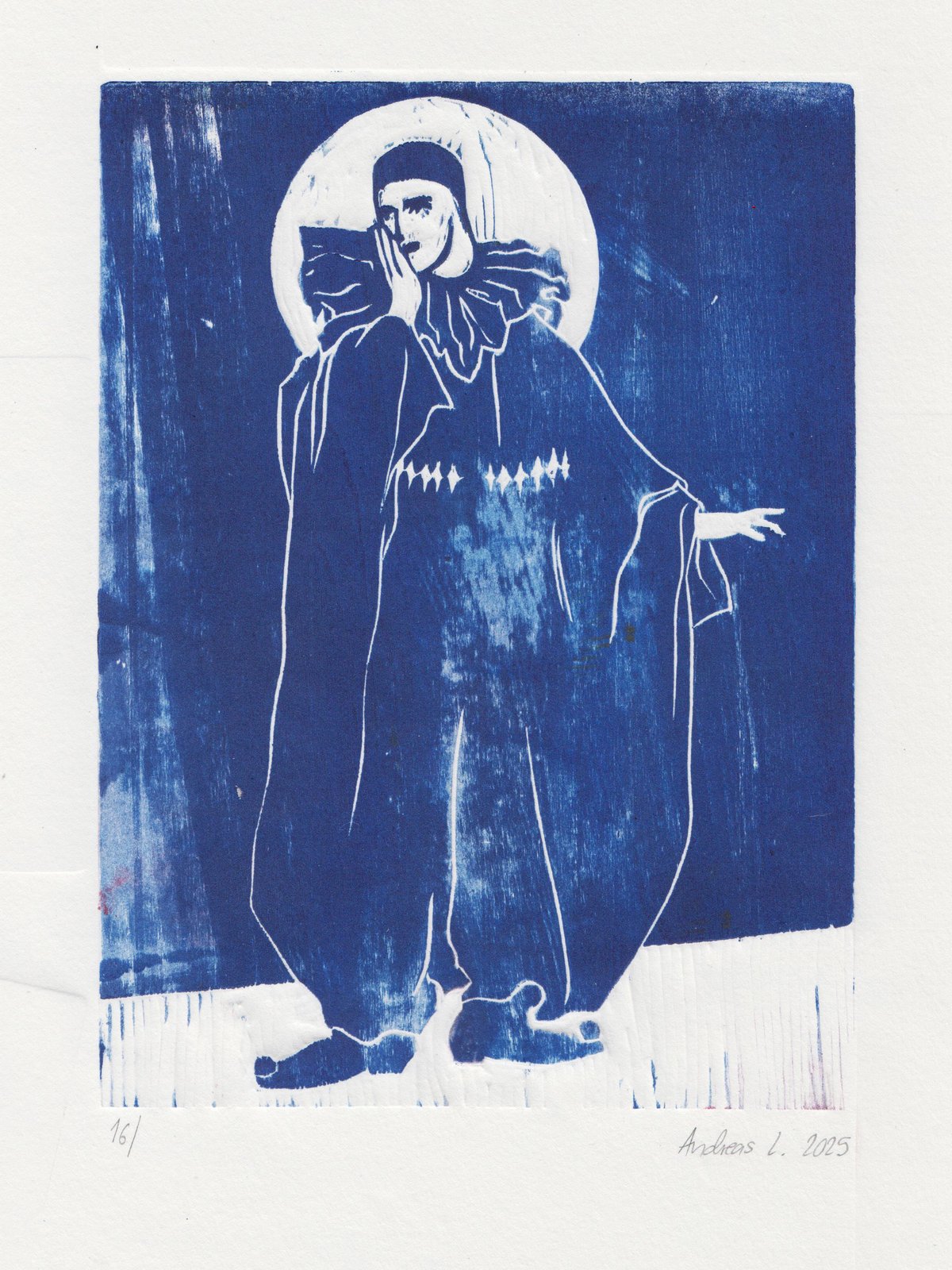 Image of Pierrot cries at the state of the world (and he is trans) - woodcut