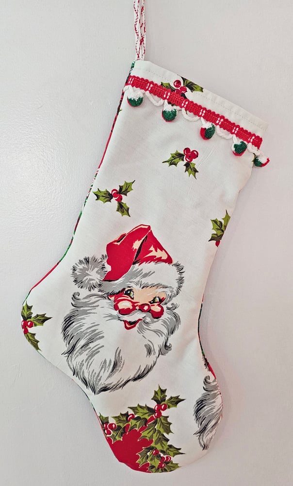 Image of Vintage Jolly Santa Fabric Christmas Stocking