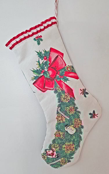 Image of Vintage Holiday Garland Fabric Christmas Stocking