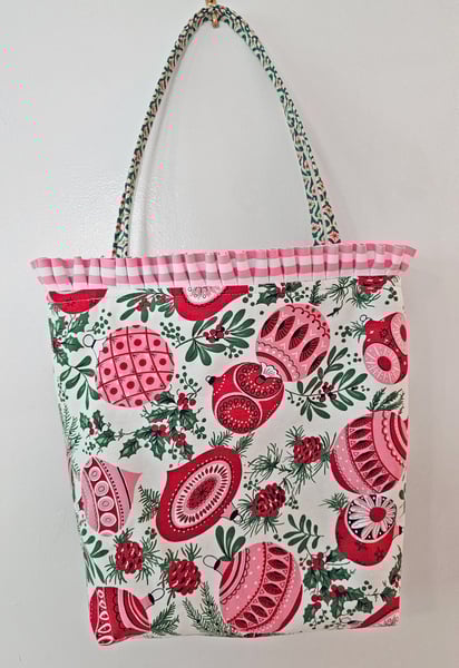 Image of Vintage Christmas Mid Century Ornaments Fabric Holiday Tote