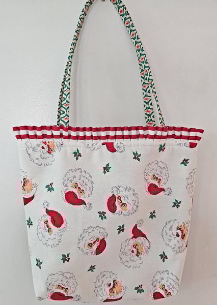 Image of Vintage Jolly Santa Fabric Holiday Tote