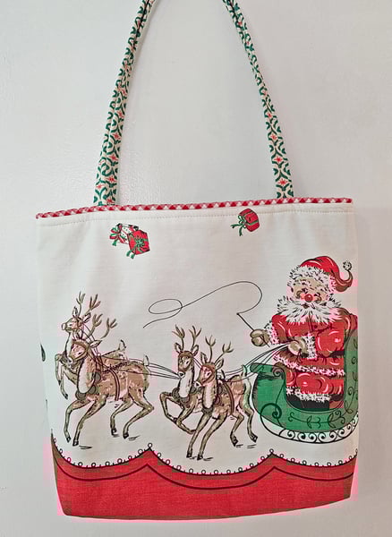 Image of Vintage Santa and his Sleigh Fabric Holiday Tote