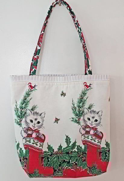 Image of Kittens in Stockings Christmas Fabric Holiday Tote #1