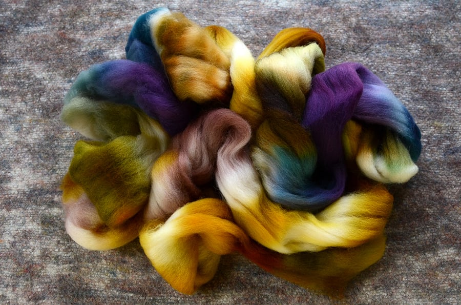 Image of "Flummadiddle" Hand-dyed Corriedale Spinning Fiber - 4 oz.