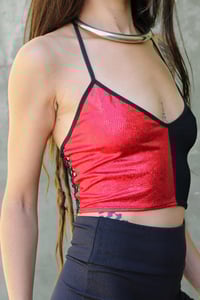 Image 3 of MISS QUINN CROPTOP | BLACK STRIPPED LYCRA AND SHINY RED VERSION
