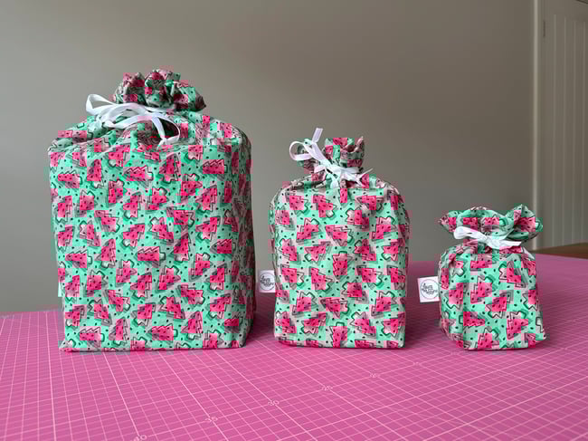 *Limited* Fabric Gift Bag Set of 3 - Watermelon Christmas Trees