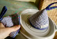 Image 1 of Pair of Vintage Handwoven Fabric Cone-shaped Pot Holders Cast Iron Handle Caps