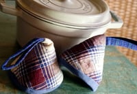 Image 3 of Pair of Vintage Handwoven Fabric Cone-shaped Pot Holders Cast Iron Handle Caps