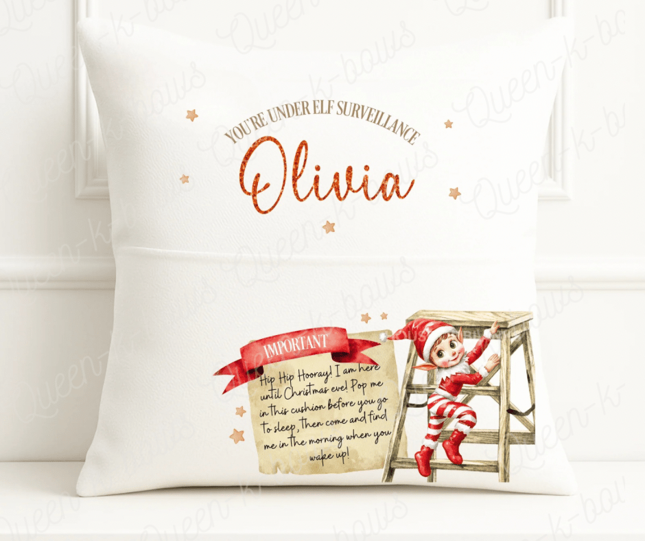 Image of personalised elf arrival cushion cover/ elf arrival/ personalised elf arrival/ personalised cushion