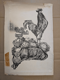 Image 1 of Original signed ink drawing "Front Cover" – Rooster, Fox and Cabbages