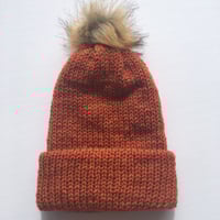 Image 1 of Double Layer Knit Beanie with Removable Pom Pom- 100% Acrylic - Burnt Orange