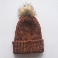 Image 1 of Double Layer Knit Beanie with Removable Pom Pom- 100% Acrylic - Brown