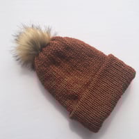 Image 2 of Double Layer Knit Beanie with Removable Pom Pom- 100% Acrylic - Brown