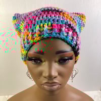 Image 1 of Crochet Cat Ear Beanie - Bright Rainbow