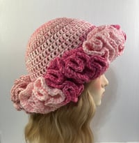 Image 1 of Ruffle Brim Crochet Hat - Abstract Pink Ombre