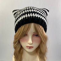 Image 1 of Crochet Cat Ear Beanie - Black and White