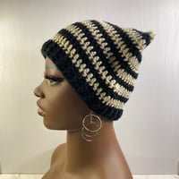 Image 2 of Crochet Cat Ear Beanie - Black and Cream