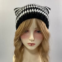 Image 2 of Crochet Cat Ear Beanie - Black and White