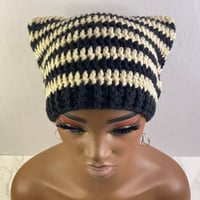 Image 3 of Crochet Cat Ear Beanie - Black and Cream