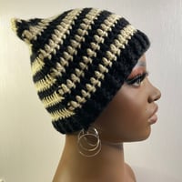 Image 6 of Crochet Cat Ear Beanie - Black and Cream