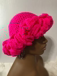Image 1 of Ruffle Brim Crochet Hat - Hot Pink