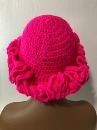 Image 4 of Ruffle Brim Crochet Hat - Hot Pink