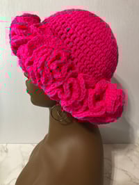 Image 6 of Ruffle Brim Crochet Hat - Hot Pink