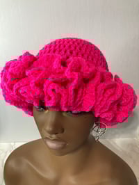 Image 8 of Ruffle Brim Crochet Hat - Hot Pink