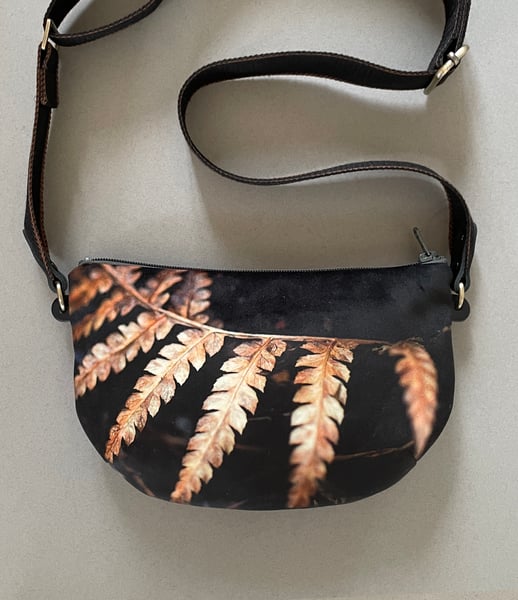 Image of Fern frond, crossbody velvet bag with canvas strap