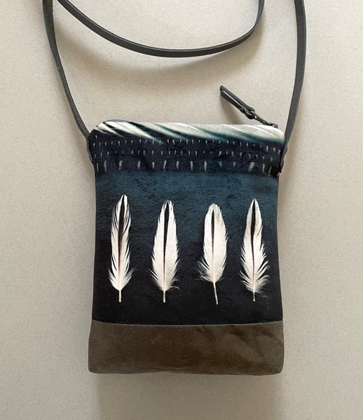 Image of Oystercatcher feathers, crossbody velvet and waxed canvas phone bag