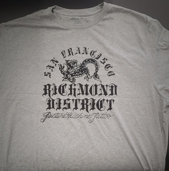Image of Richmond District graphic on grey crew neck tshirt 