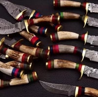 Image 4 of Wholesale Lot 100 Handmade Damascus Steel Skinner Knives with Elk Antler Handles & Leather Sheaths